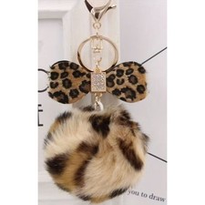 Leopard Print Bow w crystals Puff Ball Bag Charm Keychain