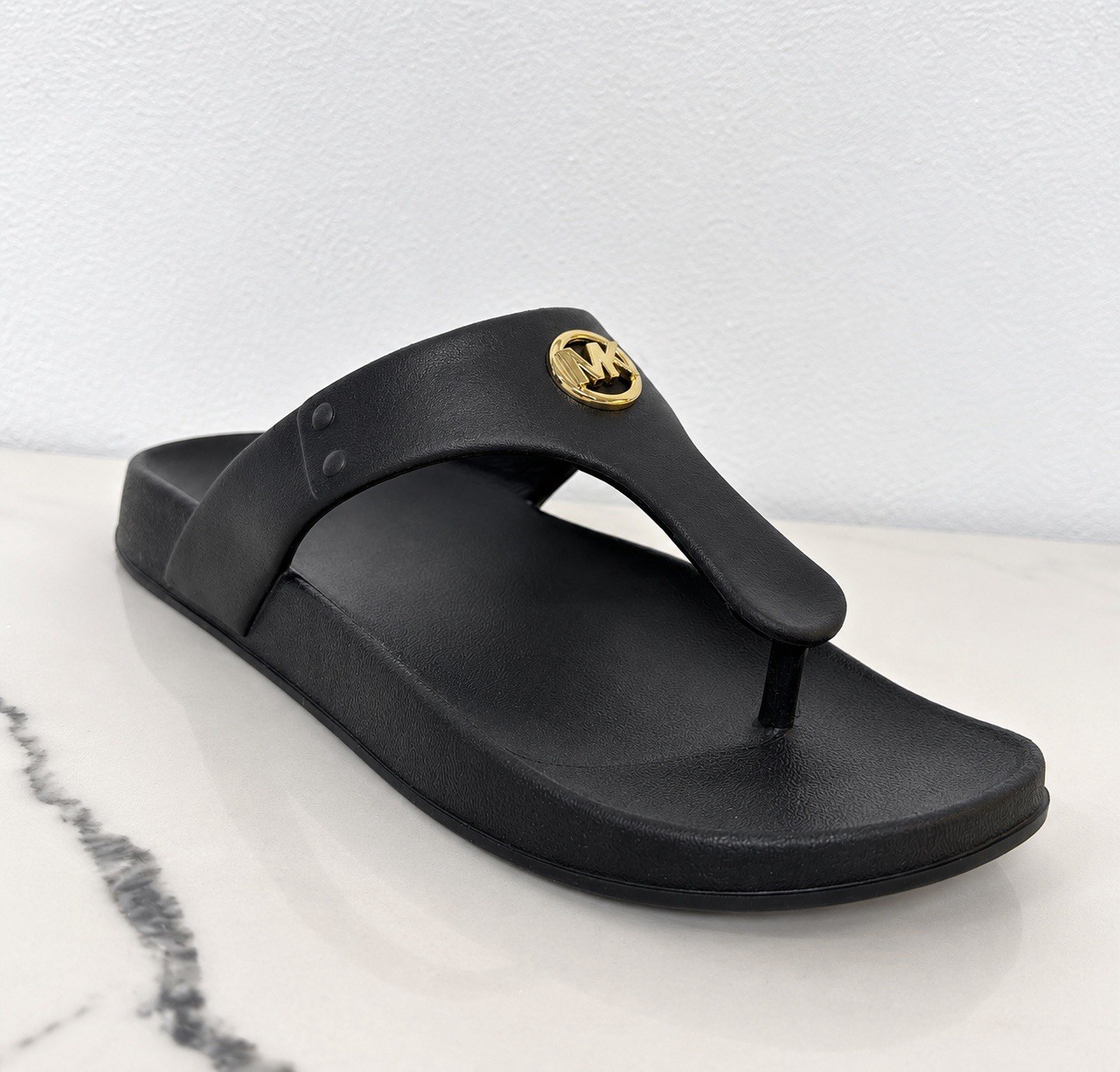 Michael Kors Women’s Thong Slide Sandals Black/Gold MK Logo Slip-On