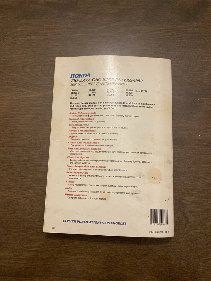 CLYMER HONDA 100-350cc OHC SINGLES 1969-1982 MANUAL DE RENDIMIENTO DE REPARACIÓN DE SERVICIO Foto 4 de 4