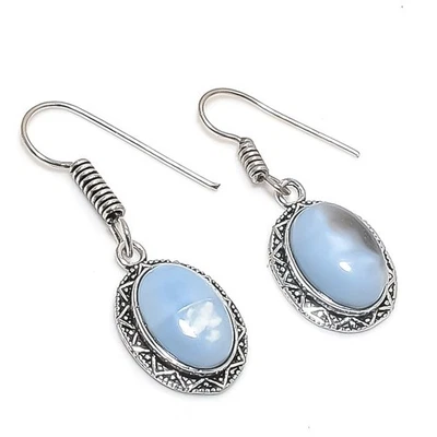 Boucles d'oreilles pierres précieuses forme ovale opale bleue fait main... - Photo 1/4