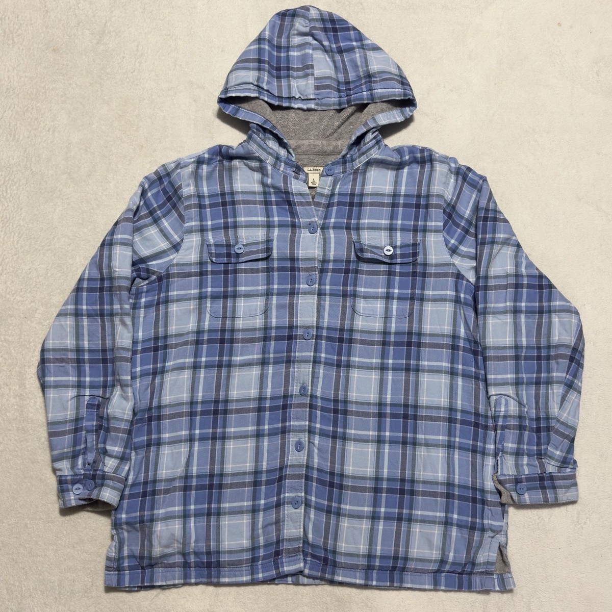 LL Bean Hoodie Women’s Large Pet Fleece Lined Flannel Shirt Jacket Plaid  Shacket