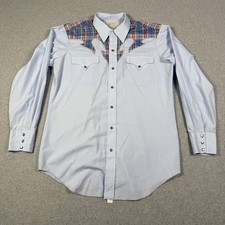 H Bar C California Ranchwear Vintage Western Pearl Snap Shirt Blue Plaid 16.5x35