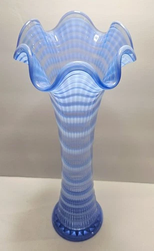 Vintage Fenton Blue Opalescent Spiral Optic Swung Glass Vase 12" Perfect
