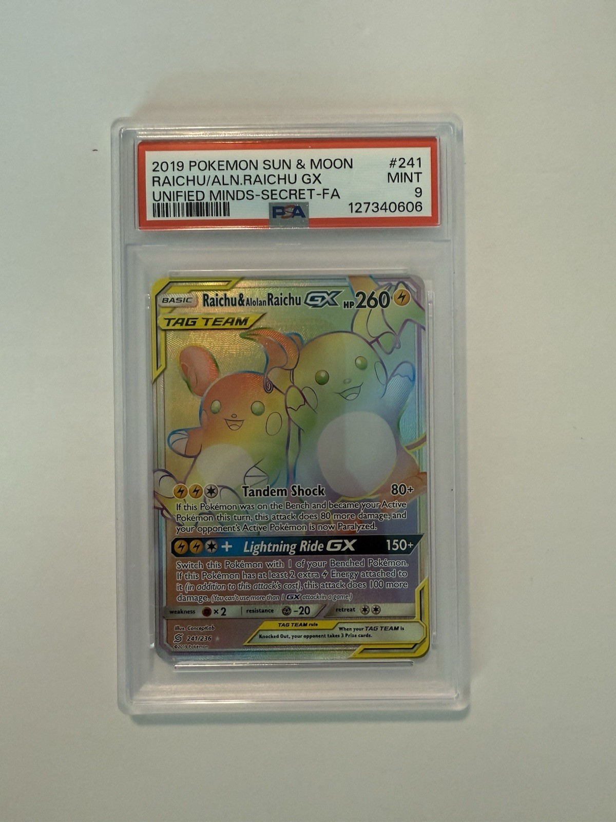 Pokemon PSA 9 Raichu & Alolan Raichu GX 241/236 Unified Minds Rainbow Rare