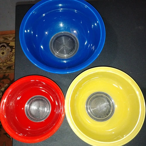 Vintage Pyrex Blue, Red, Yellow" Clear Bottom" Mixing Batter Nesting Bowl Set -