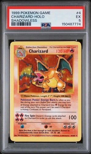 1999 POKEMON GAME SHADOWLESS #4 CHARIZARD-HOLO PSA 5