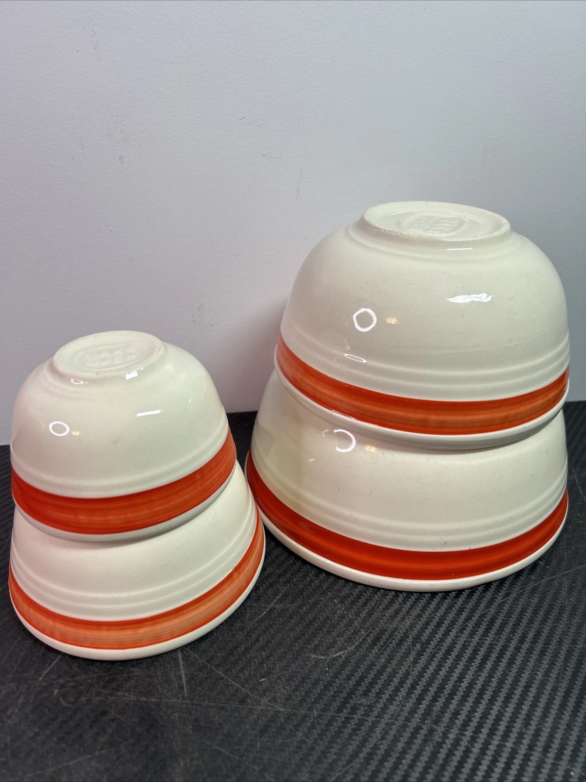 Lot of 4 Vintage Cronin Pottery Red Stripe Nested Mixing Bowls