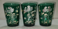 3 Green Hand Painted Enamel Glass Tumblers Antique Victorian 