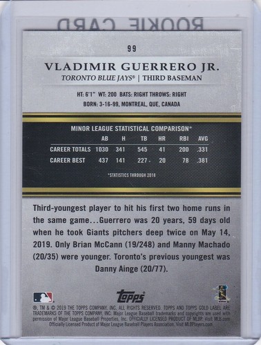 VLADIMIR GUERRERO JR. ROOKIE CARD Class 3 TOPPS GOLD LABEL 2019 Baseball RC! - Picture 2 of 2