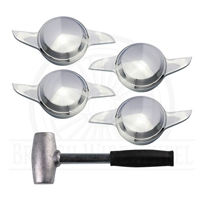 2 Bar Swept Chrome Knock Off Spinner Caps for Lowrider Wheels, Set of 4 + Hammer