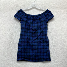 Madewell Mini Shift Dress 2 Small Blue Tartan Plaid Off Shoulder Linen Preppy