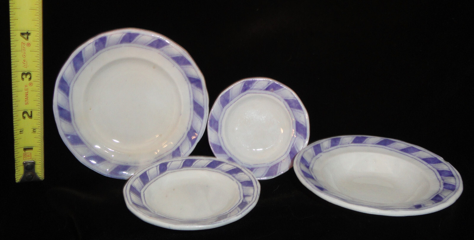 Set of 7 Staffordshire Childs Toy Dinner Set Plates Purple Ironstone STRIPE 1820