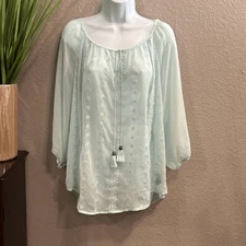 #368 AB studios mint green, sheer embroidered, long sleeve Blouse with tassels s