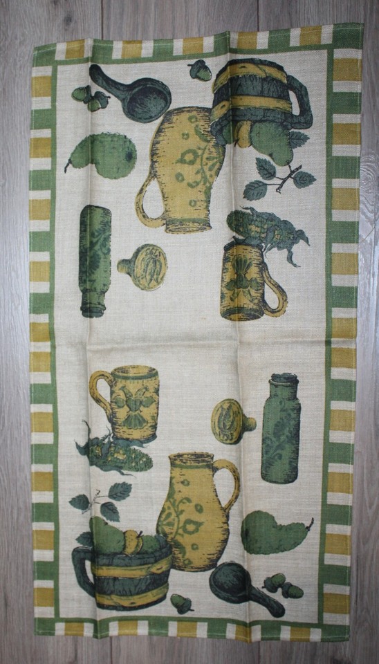 Vintage GREEN & GOLD FRUIT BASKET FALL KITCHEN Linen Design Kitchen Tea