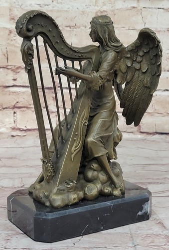 Music Theme Home Office Decoration Heavenly Angel Harp Bronze Sculpture - Picture 4 of 10