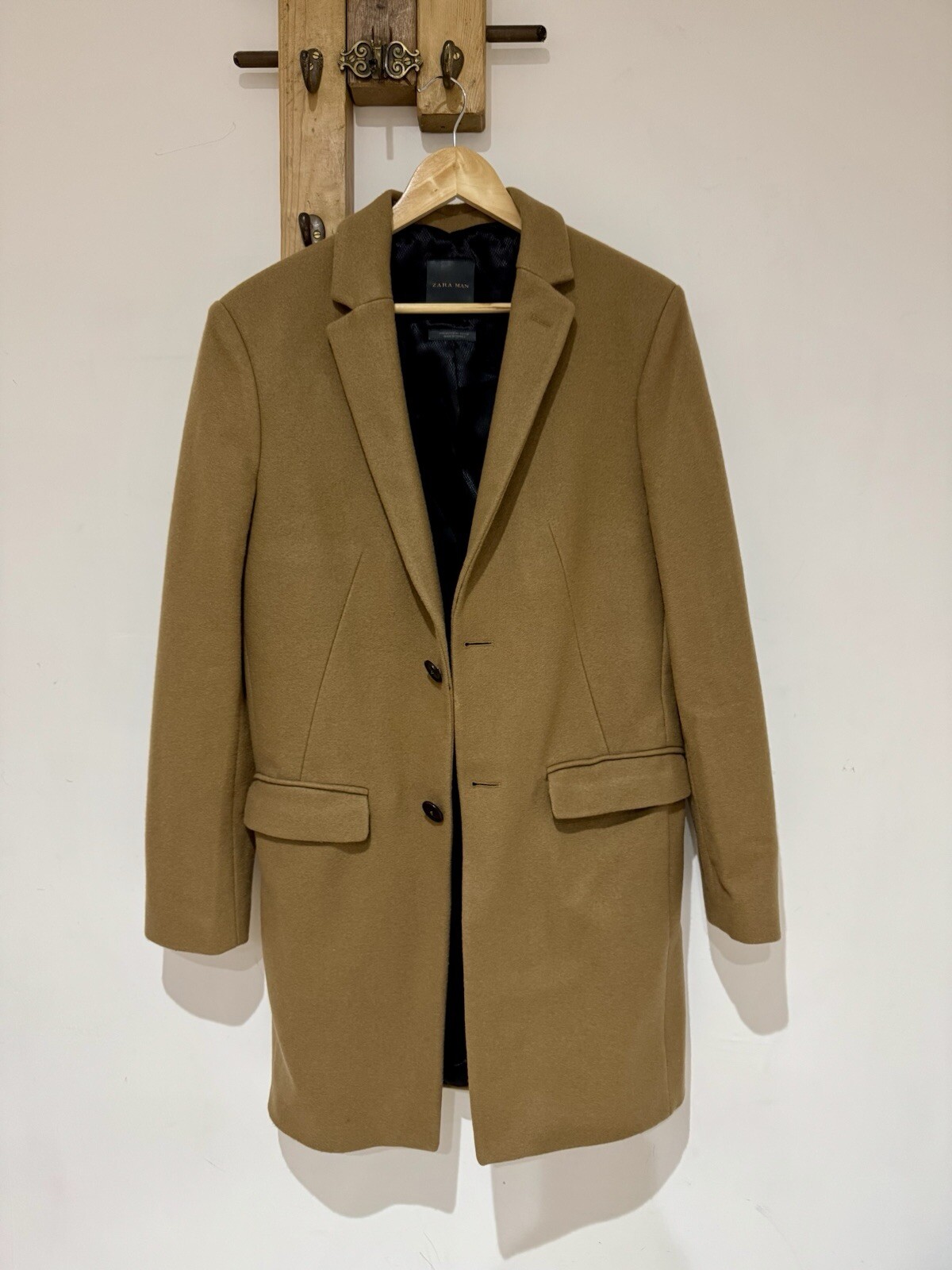 Zara Man Men's 80percent Wool Camel Mid Length Formal Dress Trench Coat Jacket Size M