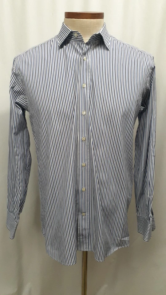 Camisa social Etro azul listra branca algodão feita na Itália 42 (média grande) - Imagem 2 de 4