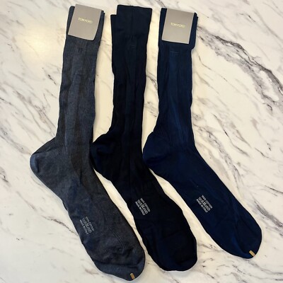 NEW TOM FORD 3 Pairs Mens Size Large Dress Socks Business Casual Blue Black Grey