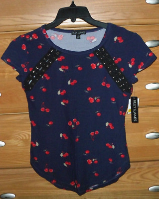 RILEY & JAMES KNIT TOP SHIRT SIZE M JUNIOR NAVY BLUE CHERRIES STRETCH NWT