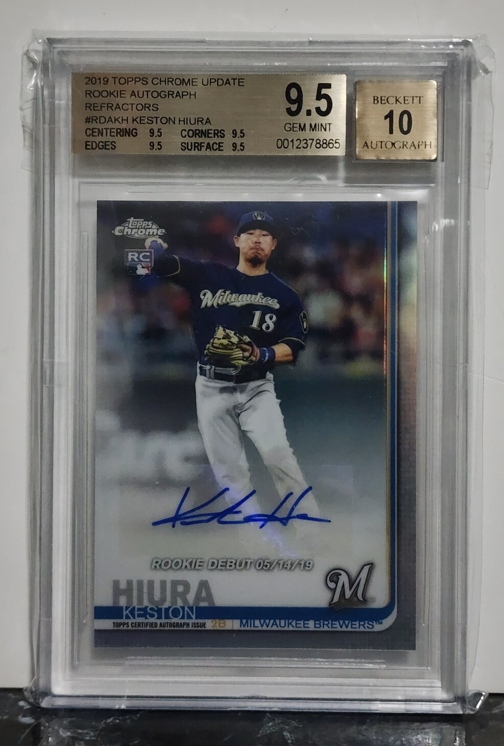Keston Hiura 2019 Topps Chrome Update Rookie Auto Refractor RC BGS 9.5 True Gem
