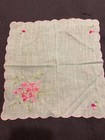 VINTAGE FLORAL ART EMBROIDERY WHITE PINK SCALLOPED EDGE POCKET HANDKERCHIEF