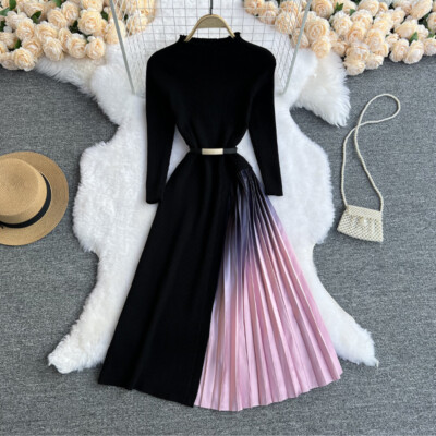 Ladies Knitted Midi Dress Pleated Long Sleeve Swing Gradient Black Retro  Winter | eBay