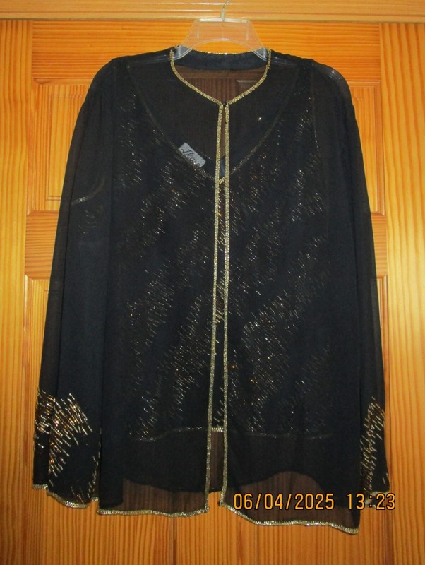 2 pc Beaded Jacket and Top J Kara Size 2X Golden Beads On Black Blouse