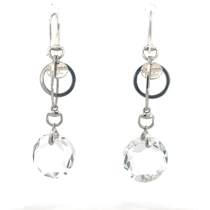 Gucci Diamond Gold Earrings 18k White Horsebit Hoop Dangle Style - Image 4 of 4