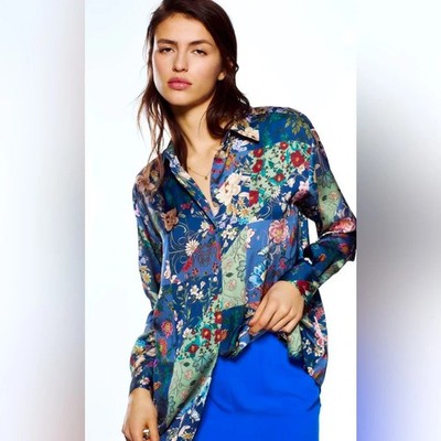 Zara Multicolored Satin Effect Patchwork Floral Print Shirt blouse Womens M