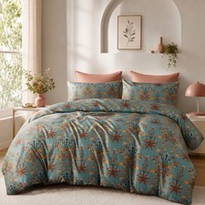 NEW Anthropologie Teal Orange Floral Boho Queen Cotton Bedding Duvet Sham Set