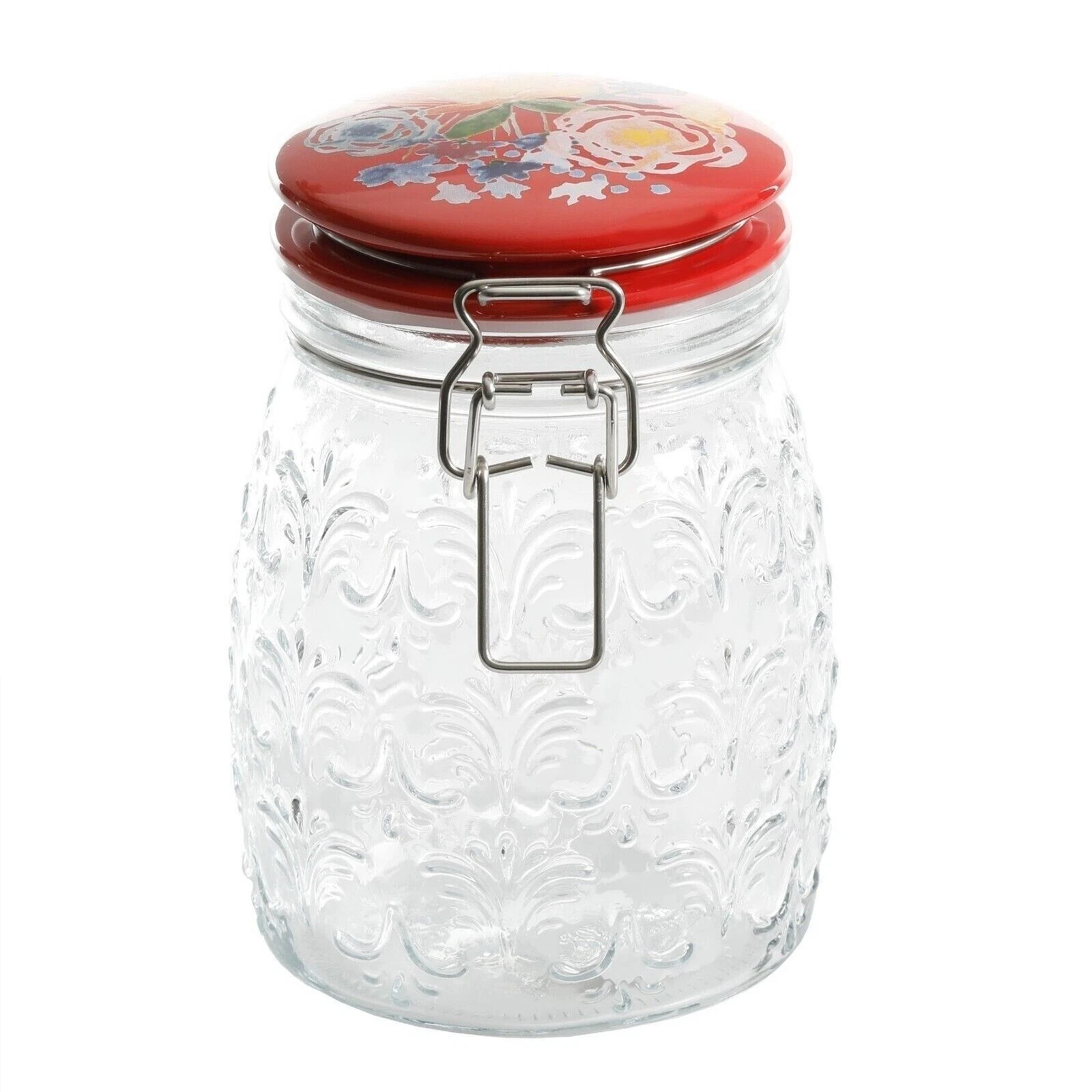 Pioneer Woman Celia Clamp Jar Red Floral Stoneware Lid Embossed Clear Glass New