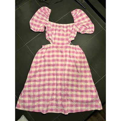 Monki Purple Gingham Cut Out Puff Sleeve Cotton Midi Dress Size 34 US 4