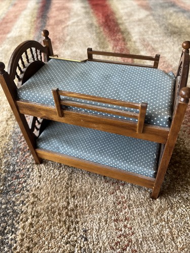 Dollhouse Miniature Wood Bunk Bed Set in Walnut with Ladder Blue Fabric D0611 - Picture 3 of 4