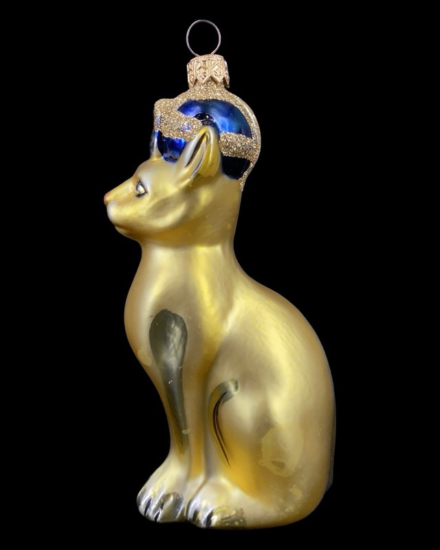 Vintage Kurt Adler Gold Polonaise Egyptian Cat Blue Crown Glass Ornament 6" VG