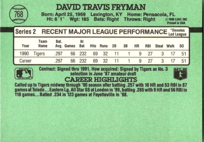 1991 Donruss - Travis Fryman #768 - Image 2 of 2