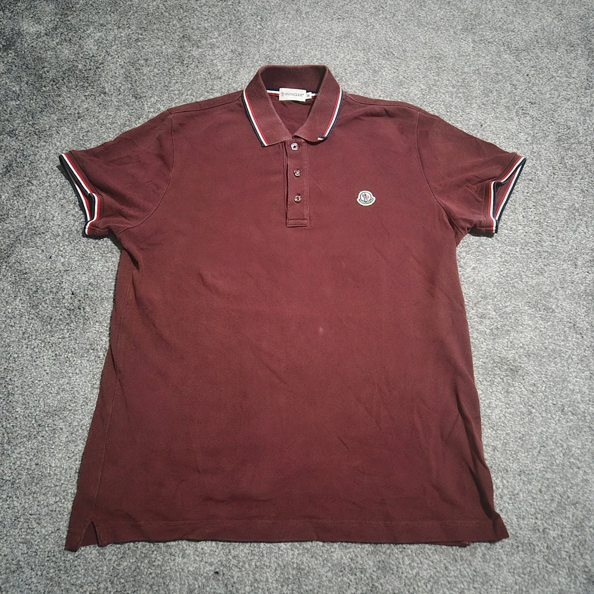 Moncler Maglia Polo Shirt Mens Size M Burgundy Red Tricolor Trim Logo Authentic