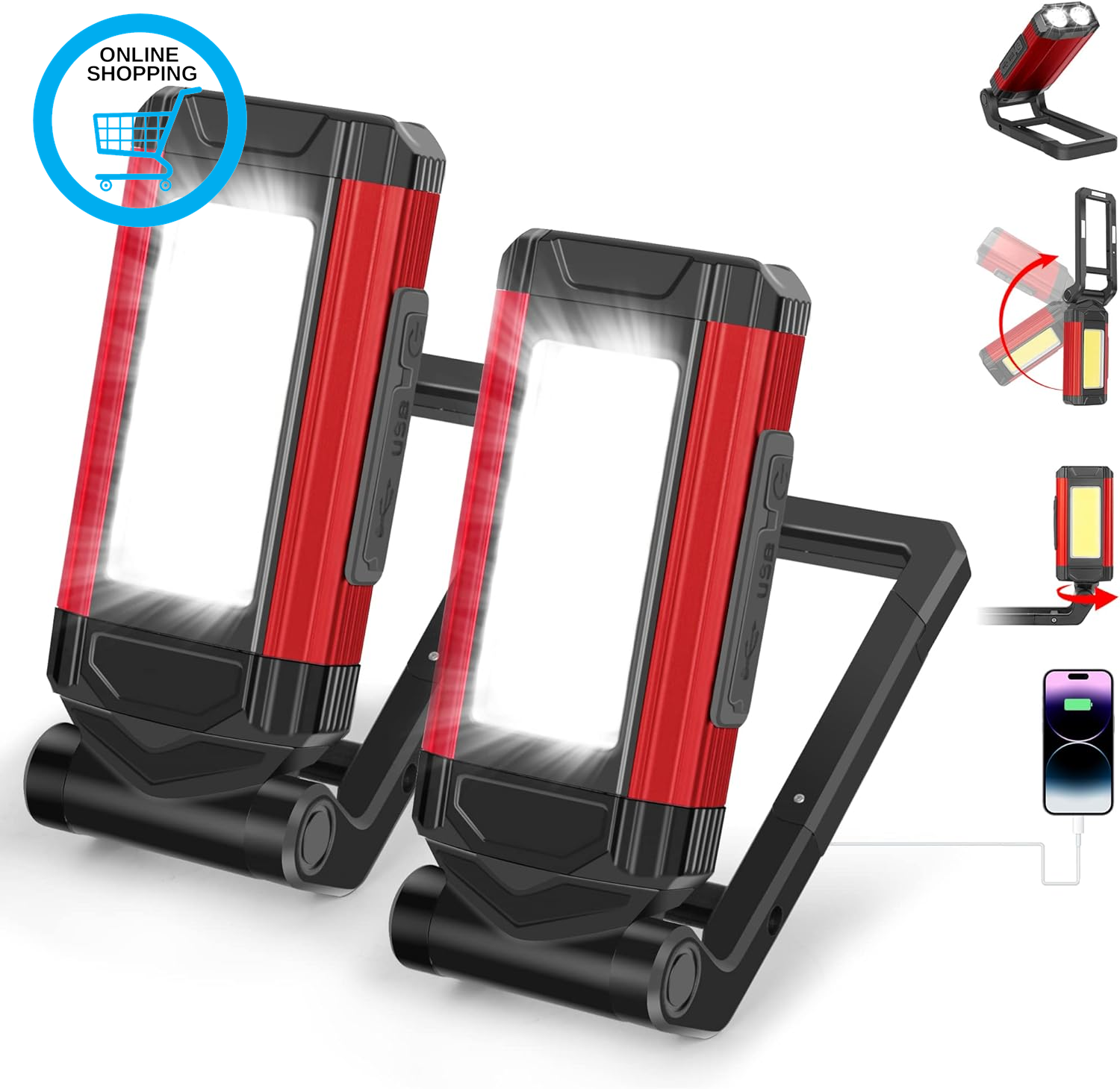 Rechargeable COB Work Light 2 Pack, Magnetic Torch & Super Bright Inspection Lam