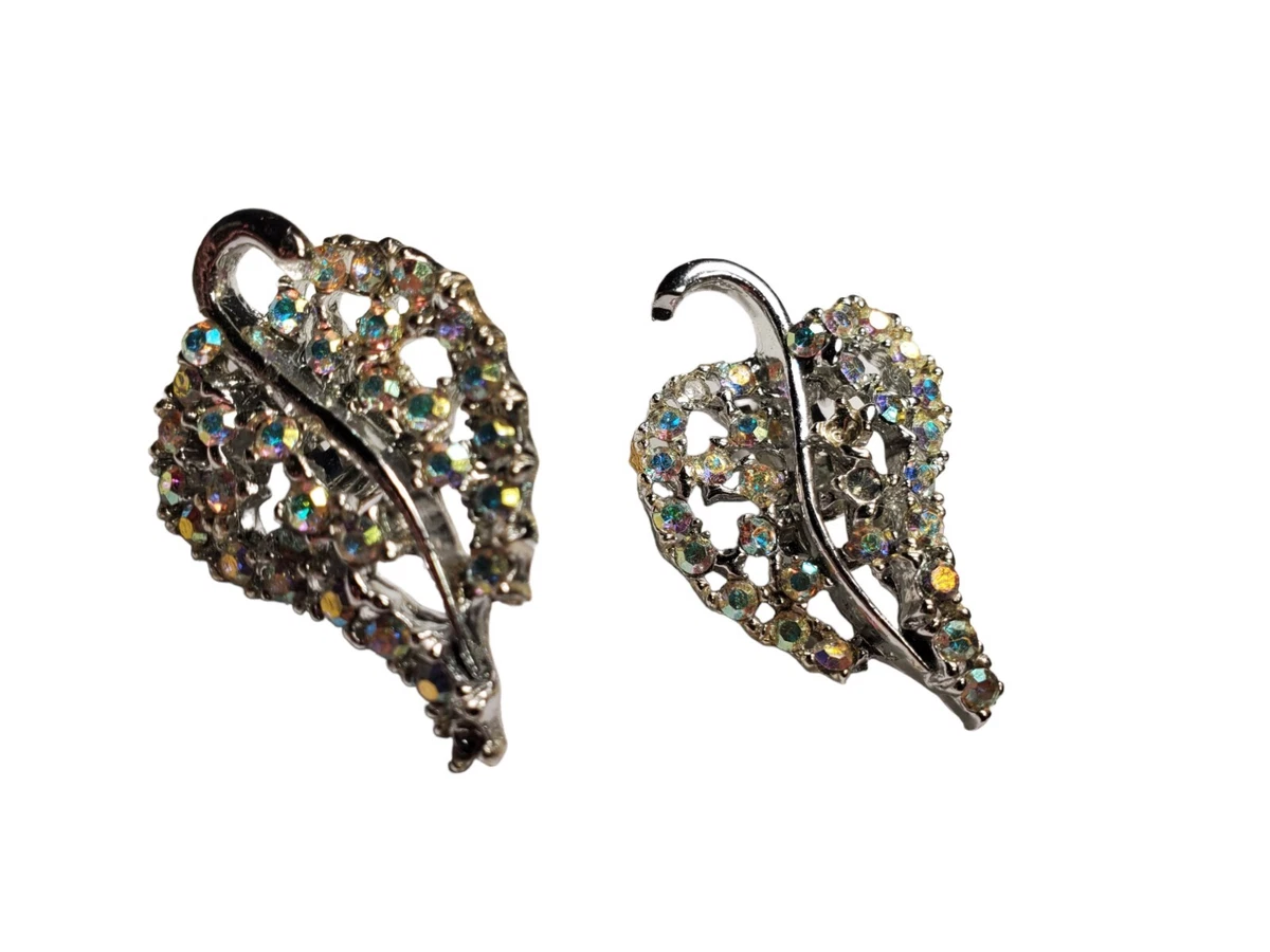 Vintage Silver Crystal Aurora Borealis Earrings Clip On Estate