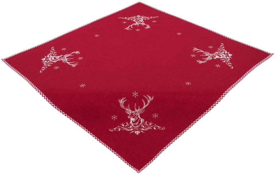 Tischdecke Weihnachten Rot 85 x 85 Mitteldecke Landhaus Bestickt Hossner Hirsch - Bild 2 von 4