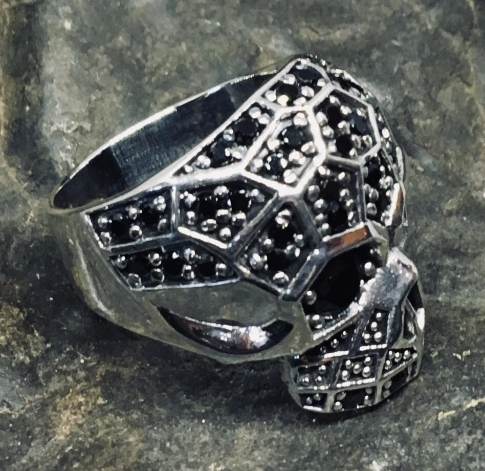 Anello Teschio .925 Argento Motociclista Heavy Metallo Gotico Lab-Created Cubici - Immagine 3 di 4
