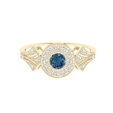 Round London Blue Topaz 925 Silver Yellow Plated Solitaire with Accents Ring