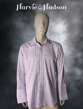 Harvie & Hudson Mens Shirt Size 16.5m Plaid French Cuff Casual Classic Normcore