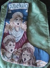 Beautiful Vtg Needlepoint Design Angels Singing Blue/Gold Threads Stocking 16"