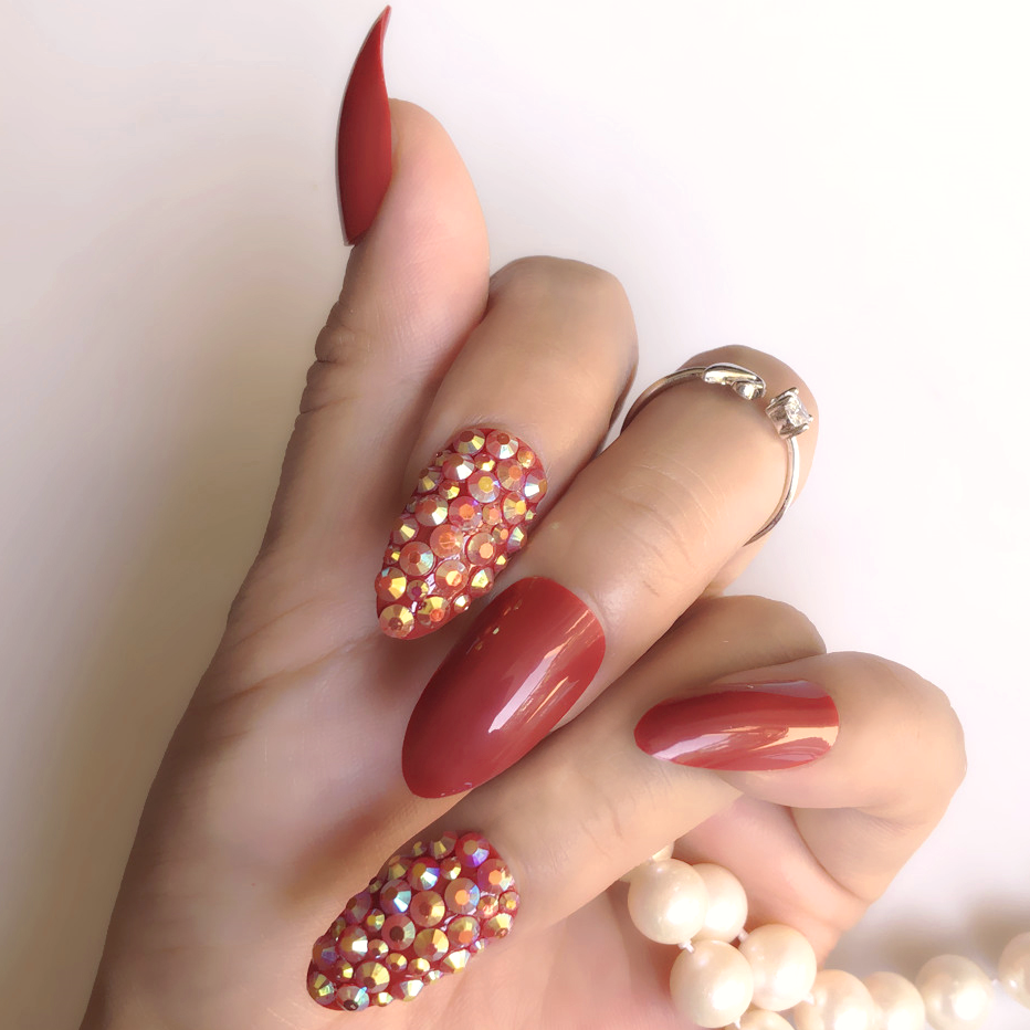 3-D STILETTO *GLAM MAROON* Gems Full Cover 24 Nail Tips Press On Glue Set!  | eBay