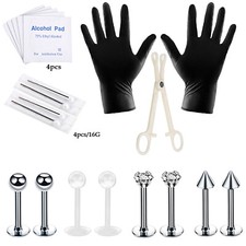 19PCS Body Piercing Tools Kit 16G Stainless Steel Ear Lip Studs Needles DIY Set