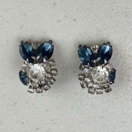 Vintage Clip earrings Clear & Deep Blue Crystal Abstract Flower Shape 1980s