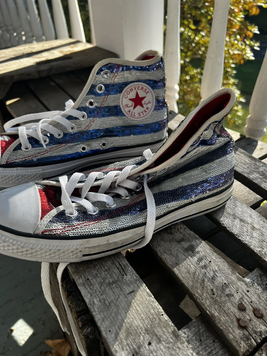 Converse Chuck Taylor Sequin American Flag All Star Hi Top Sneakers Size 9 NICE