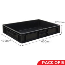 5 x (600 x 400 x 120mm) Black Euro Stacking Container Trays - Recycled Plastic