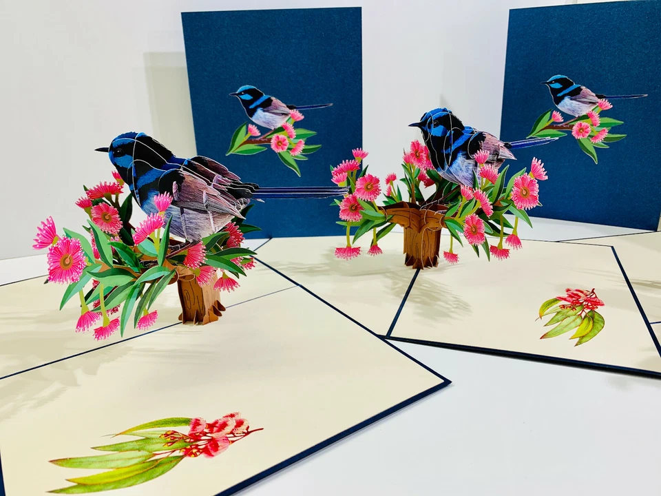 Tarjetas Pop Origami Hada Azul Wren Pájaro 3D Pop Up Tarjeta de Felicitación Feliz Día de la Madre Foto 4 de 4