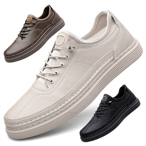 Herren Leder Elegant Weich Schnürung Gehen Leger Mode Runde Zehe Brett Schuhe - Bild 1 von 14